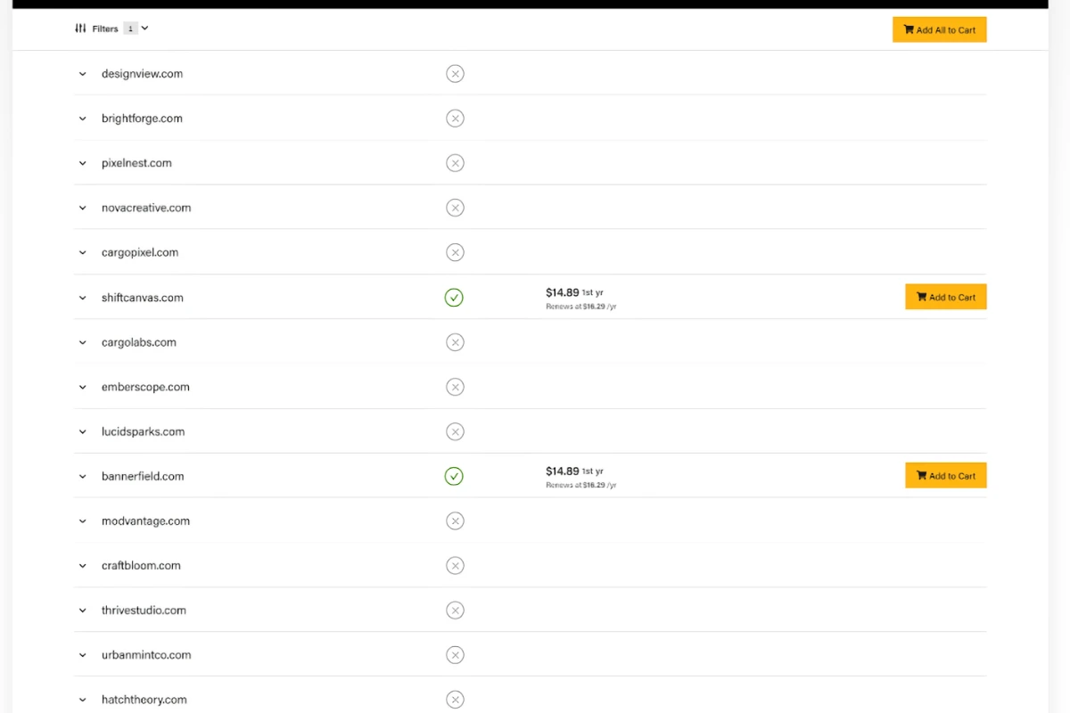 a screenshot of a domain name search showing taken and available domains.
